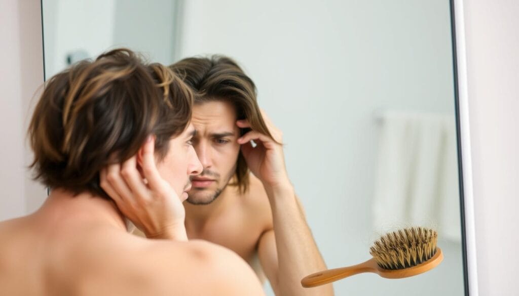 Pessoa preocupada com queda de cabelo olhando no espelho, demonstrando o impacto emocional da perda capilar