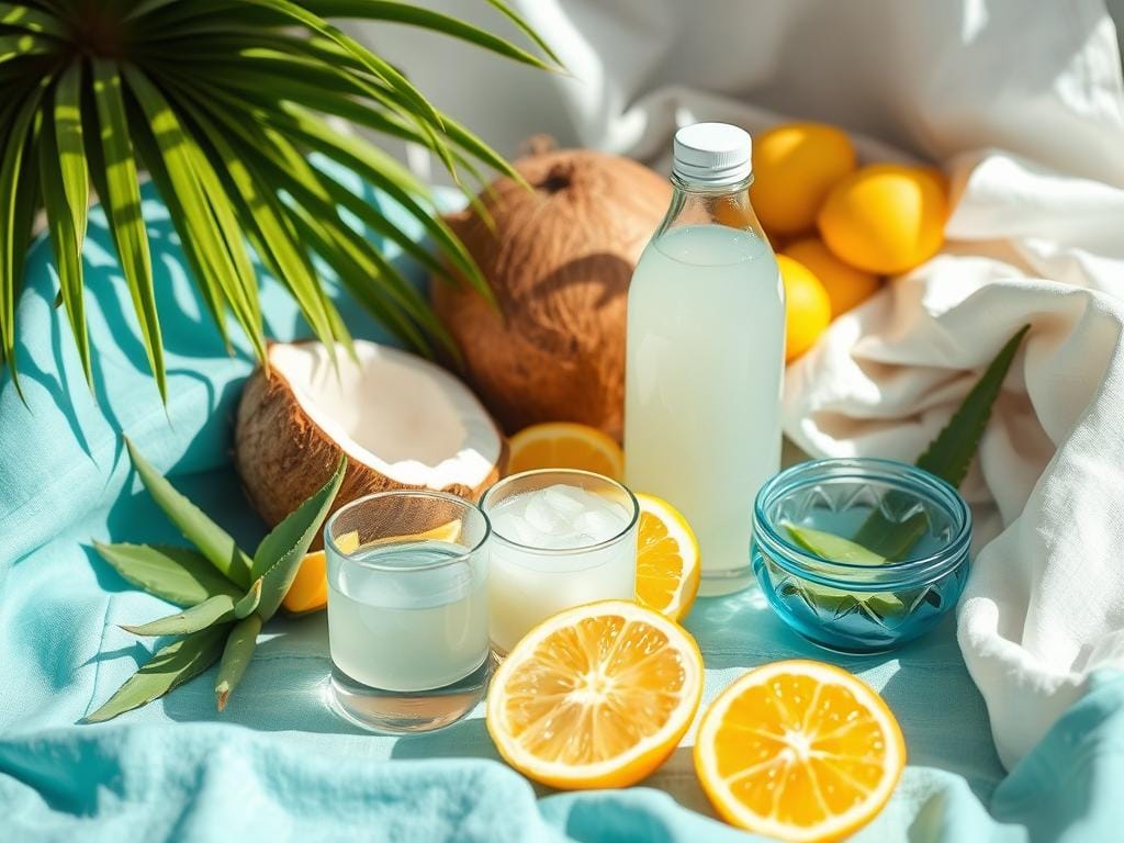 Ritual de autocuidado de verão com elementos refrescantes como água de coco e frutas tropicais