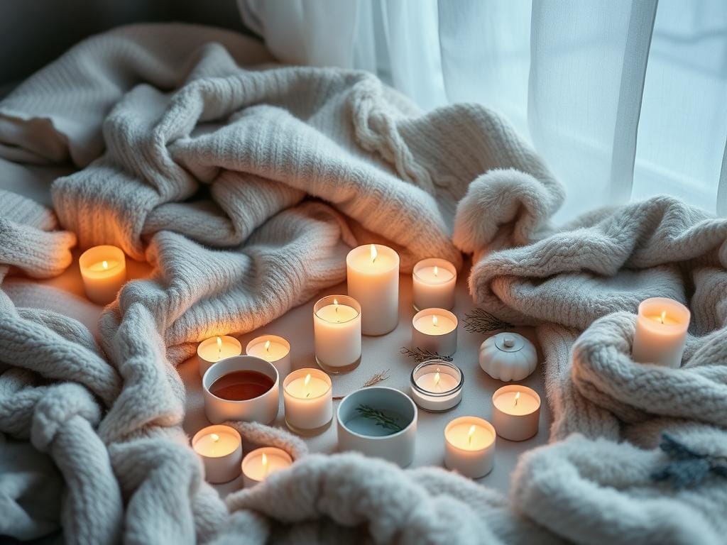 Ritual de autocuidado invernal com elementos como cobertores macios, velas e chás quentes