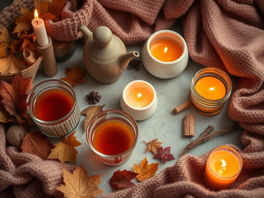 Ritual de autocuidado outonal com elementos como folhas secas, chás quentes e velas âmbar