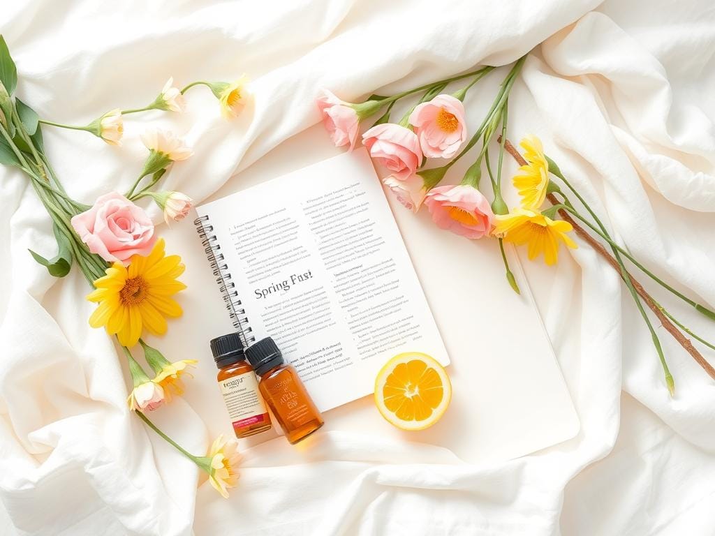 Ritual de autocuidado primaveril com flores frescas e óleos essenciais cítricos
