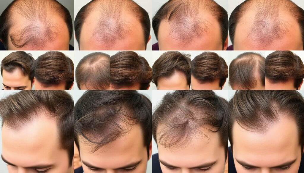 Colagem de fotos antes e depois de usuários do Folifix mostrando crescimento acelerado dos fios