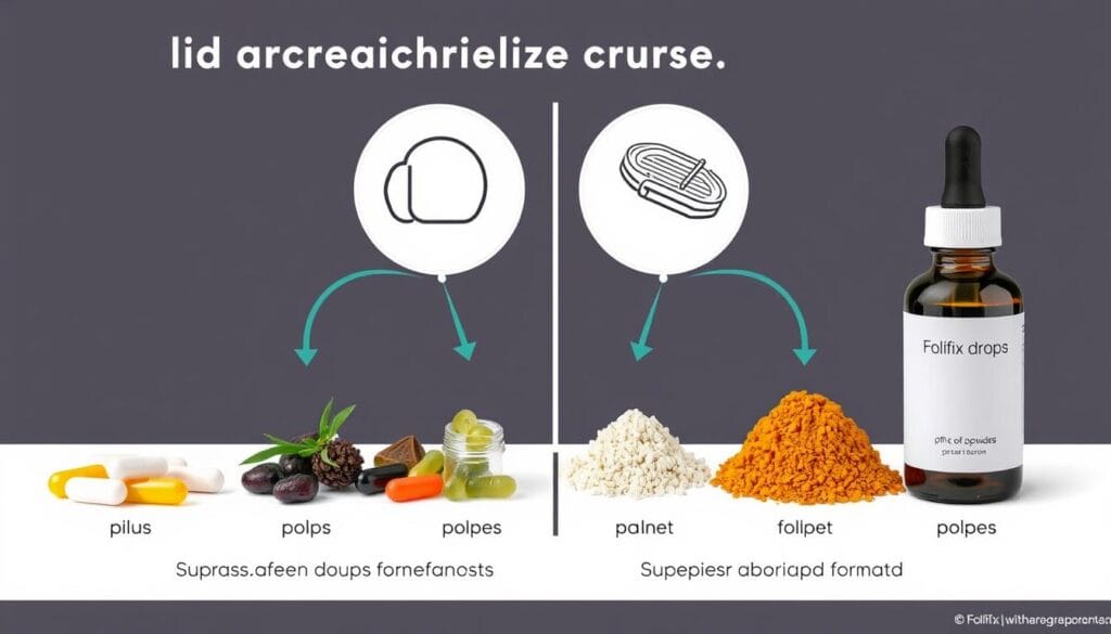 Comparativo entre o formato em gotas do Folifix e outros suplementos para crescimento acelerado dos fios