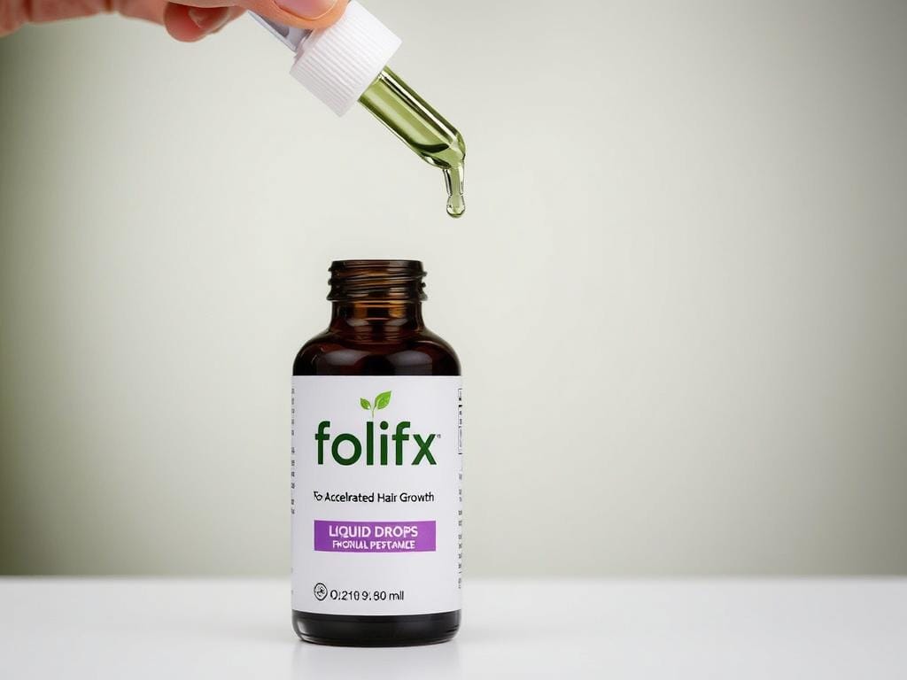 Frasco de Folifix com gotas sendo aplicadas, mostrando a solução para crescimento acelerado dos fios