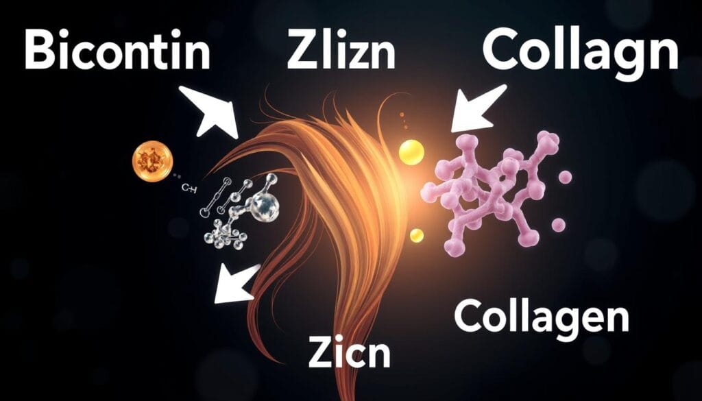 Ilustração da sinergia entre biotina, zinco e colágeno no Folifix para crescimento acelerado dos fios