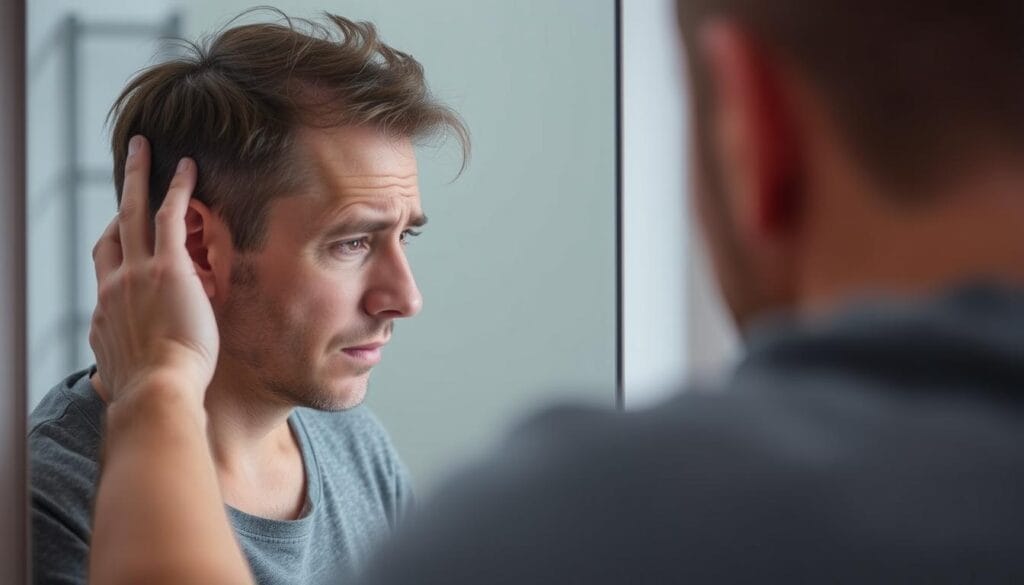 Pessoa preocupada com queda de cabelo olhando no espelho, demonstrando o impacto emocional do Folifix crescimento acelerado dos fios