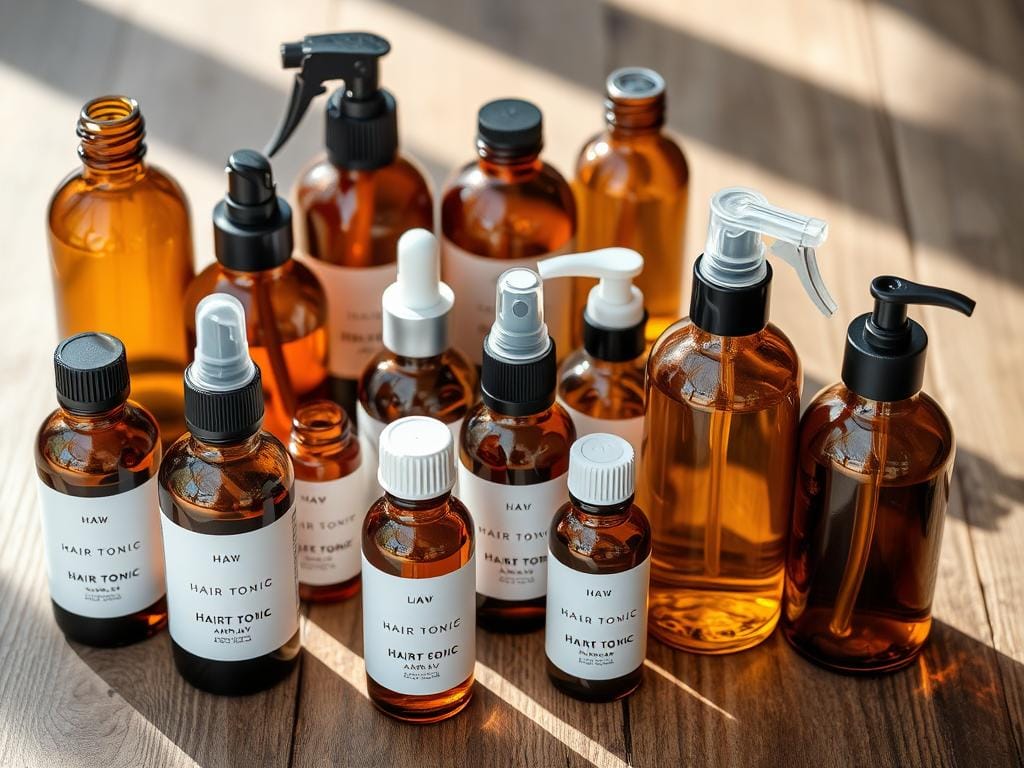 Frascos de vidro âmbar para armazenamento de tônicos capilares caseiros Frascos de vidro âmbar para armazenamento de tônicos capilares caseiros