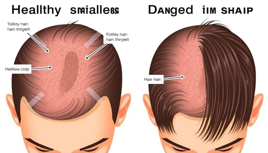 Ilustração mostrando o couro cabeludo e folículos capilares saudáveis versus danificados
