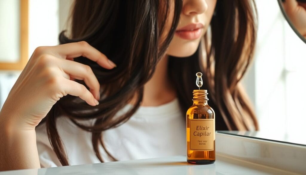Mulher aplicando Elixir Capilar Poderoso no couro cabeludo