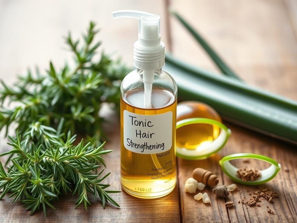 Tônico caseiro fortalecedor pronto em um frasco de vidro com ingredientes ao redor Tônico caseiro fortalecedor pronto em um frasco de vidro com ingredientes ao redor