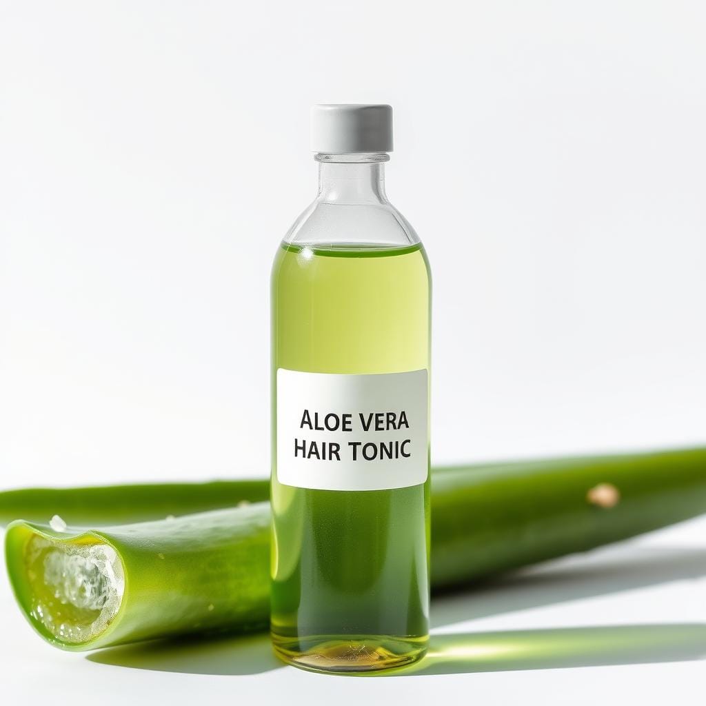 Tônico de babosa pura em frasco transparente com folha de aloe vera Tônico de babosa pura em frasco transparente com folha de aloe vera