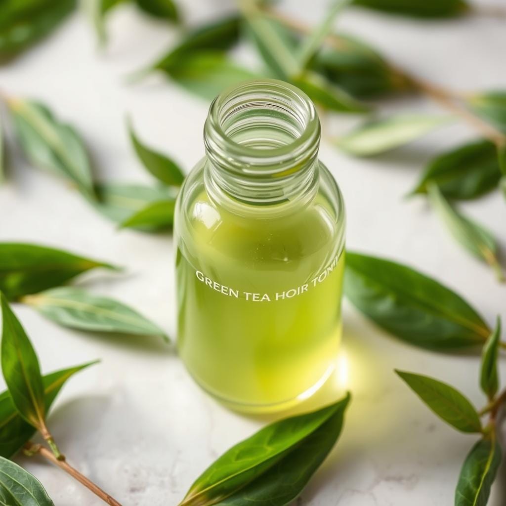 Tônico de chá verde em frasco com folhas frescas de chá verde Tônico de chá verde em frasco com folhas frescas de chá verde